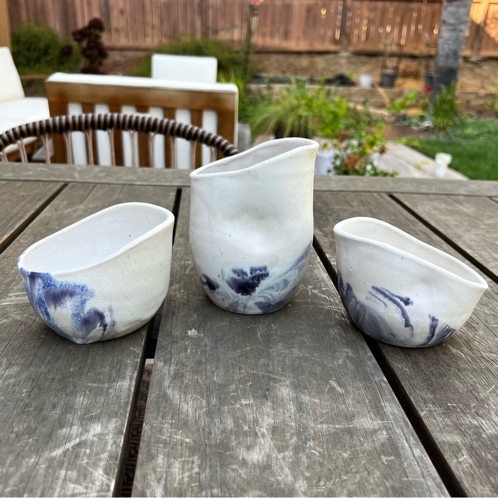 Studio Pottery 3 Piece Set White with Blue Swirl Pitcher and Mugs ART DECO